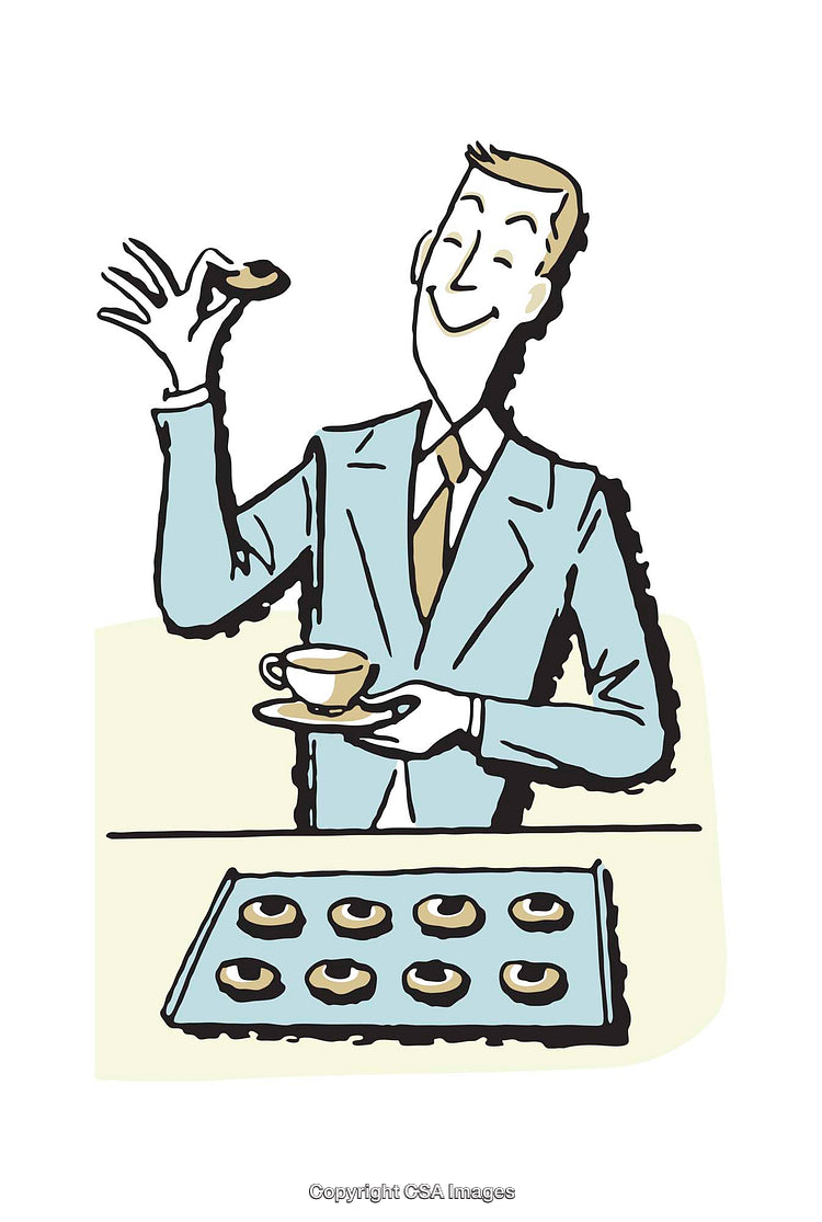 Man Enjoying Coffee and Cookies in a Whimsical Illustration Style