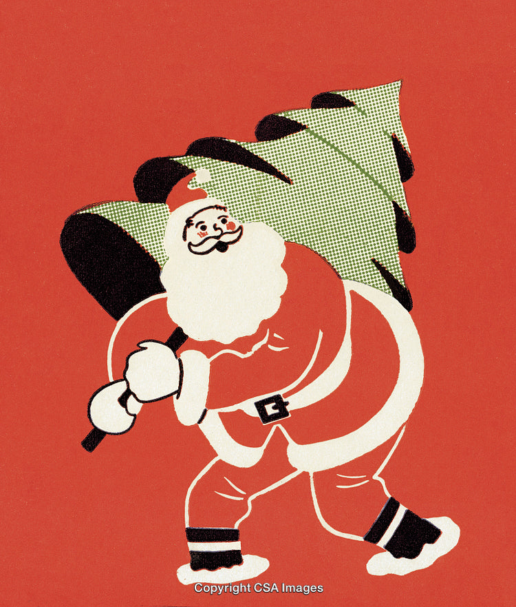 Vintage Santa Carrying Christmas Tree on Red Background with Festive Atmosphere