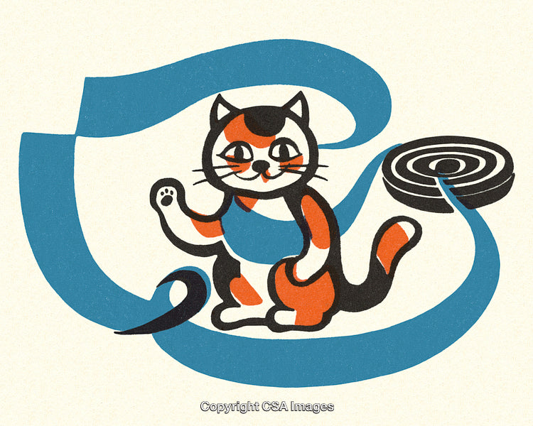 Playful Calico Cat Illustration with Spirals and Creative Blue Ribbon Design