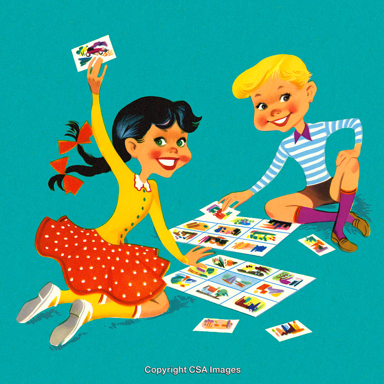 Children Playing a Card Matching Game on a Bright Blue Background