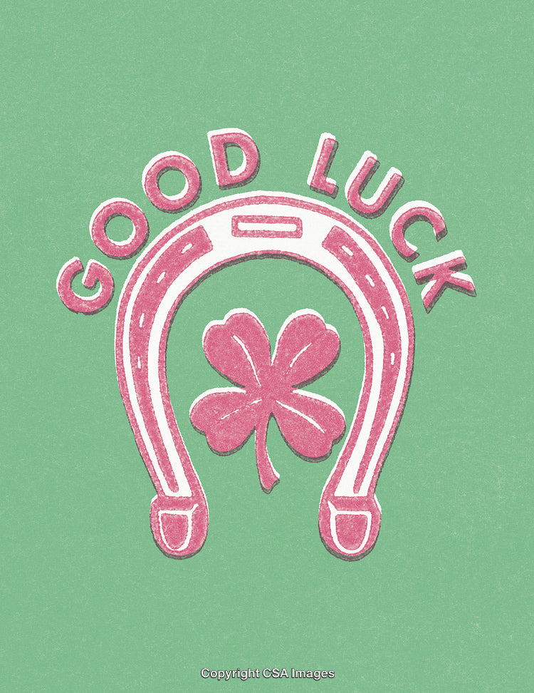 Good Luck Illustration with Horseshoe and Clover on Green Background