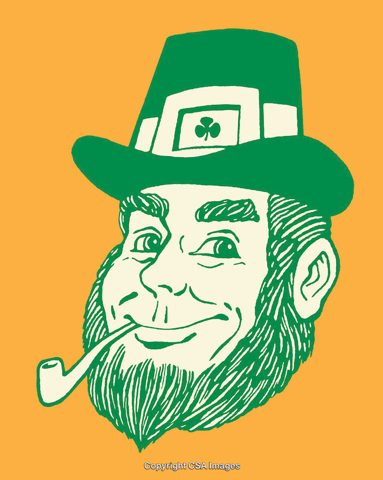 Hand-Drawn Leprechaun Portrait With Green Hat and Pipe on Orange Background