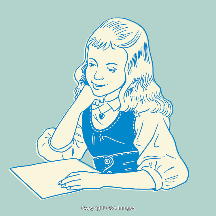 Vintage Line Art Illustration of a Girl Reading a Book