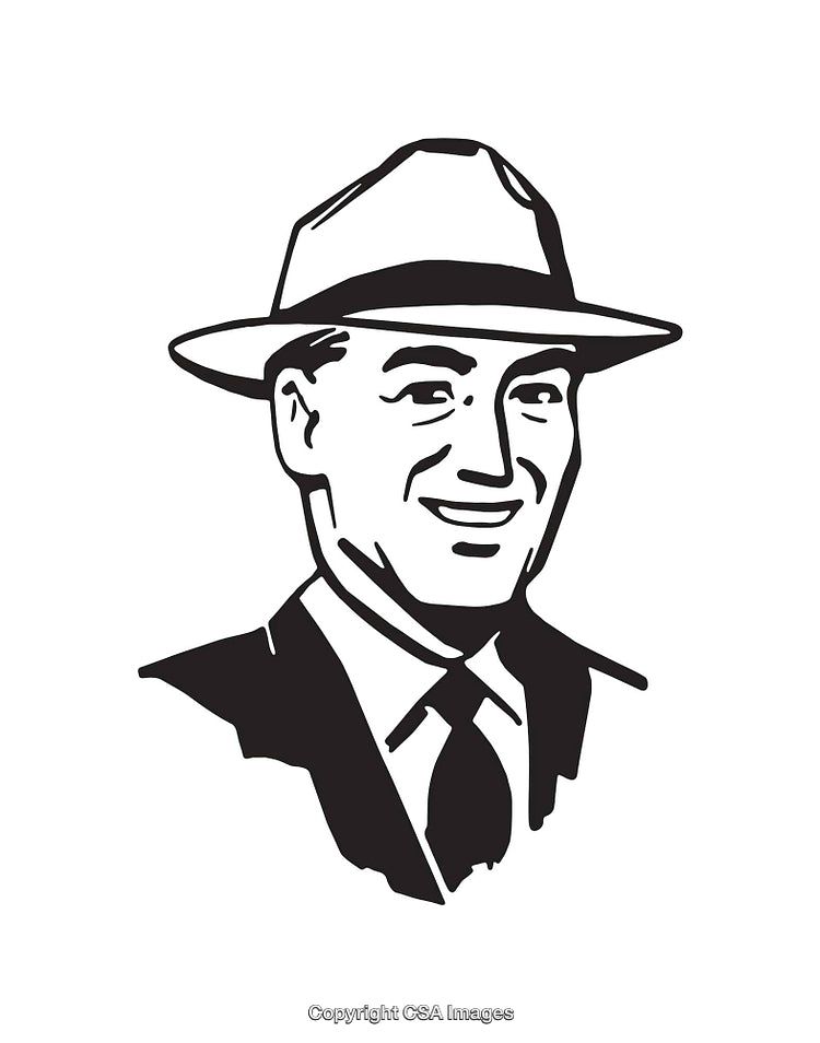 Black and White Line Art Illustration of a Smiling Man in a Hat