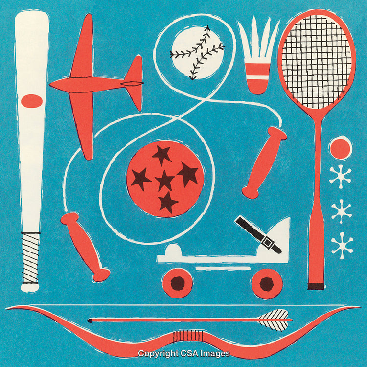 Various Sports and Play Equipment Illustrations on a Blue Background