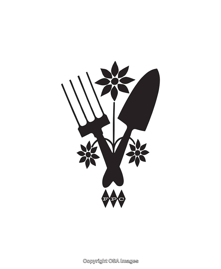 Black and White Garden Tools with Floral Decoration Icon Illustration