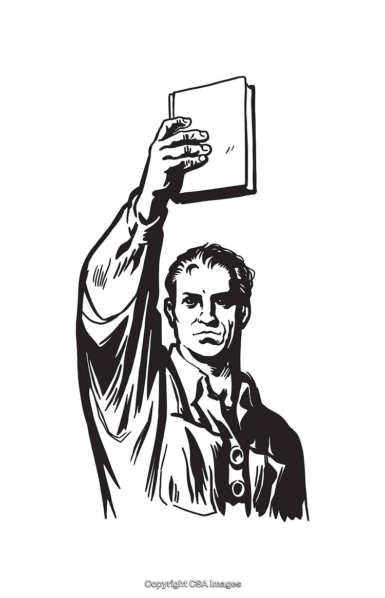 Black And White Illustration of a Person Holding a Book Up High