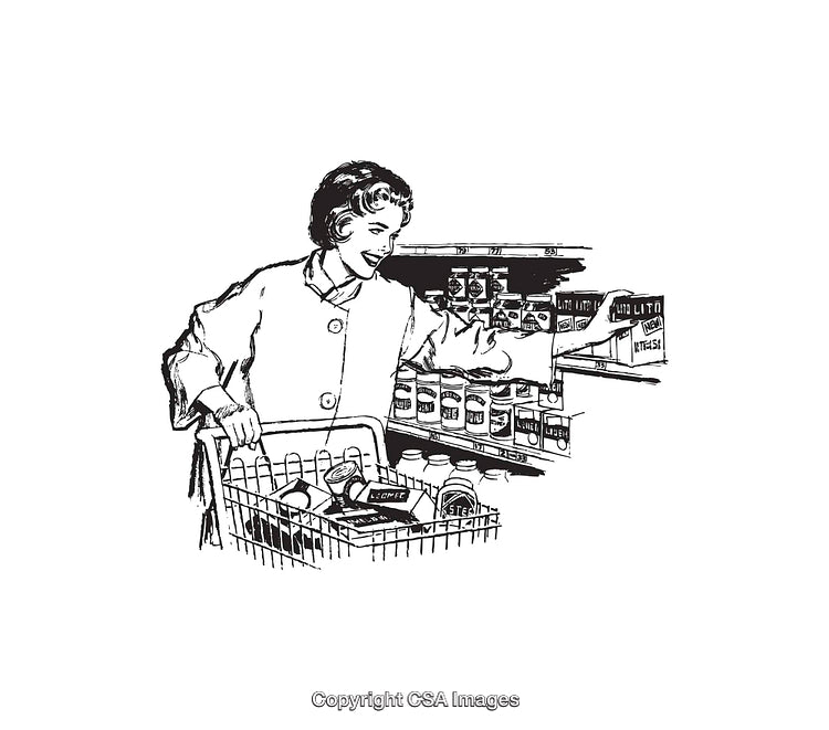Black And White Illustration of a Woman Shopping for Groceries