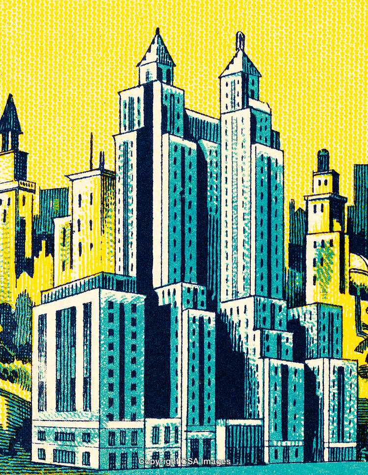 Colorful Illustration of City Buildings with Skyscrapers and Vintage Style