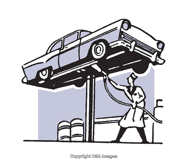Mechanic Washing Car on Elevated Platform in Retro Illustration Style