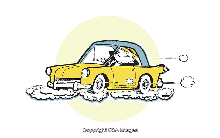 Smiling Driver in a Yellow Car Surrounded by Puffs of Smoke