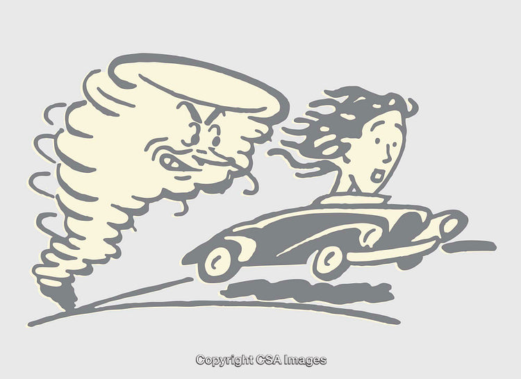 Woman Escaping a Humorous Tornado in a Car, Cartoon Illustration