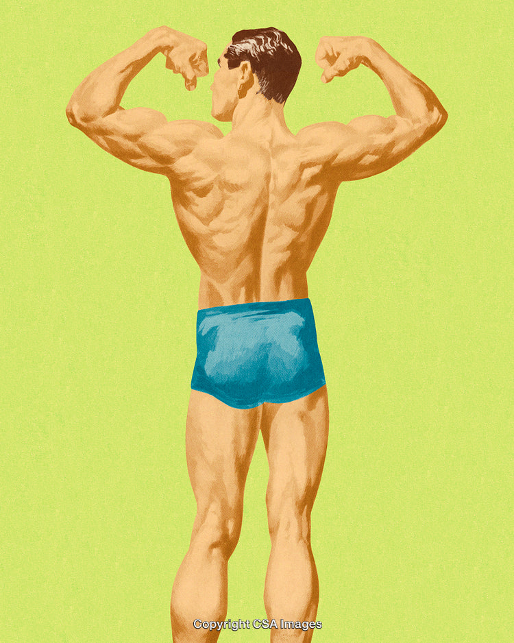 Illustration of a Muscular Man Posing in Swimwear on Green Background