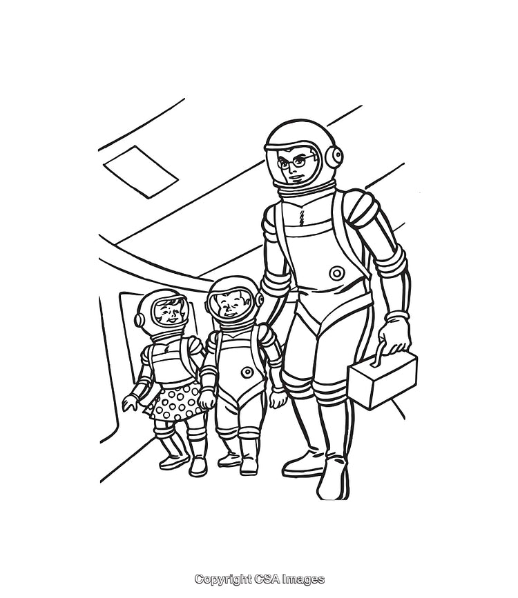 Astronaut Family in Spacewalking Suits Holding Hands Line Art Illustration