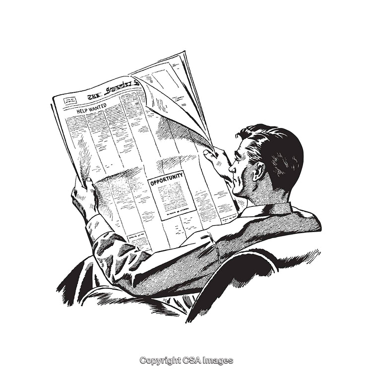 Man Reading a Newspaper Depicting Help Wanted and Opportunity Sections