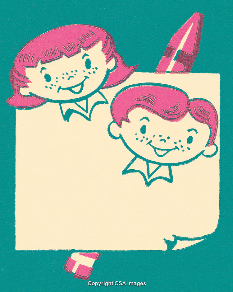 Illustration of Smiling Children on Vintage Stationery Design in Bold Colors