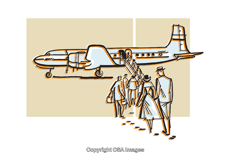 Passengers Boarding an Aircraft in a Vintage Illustration Style
