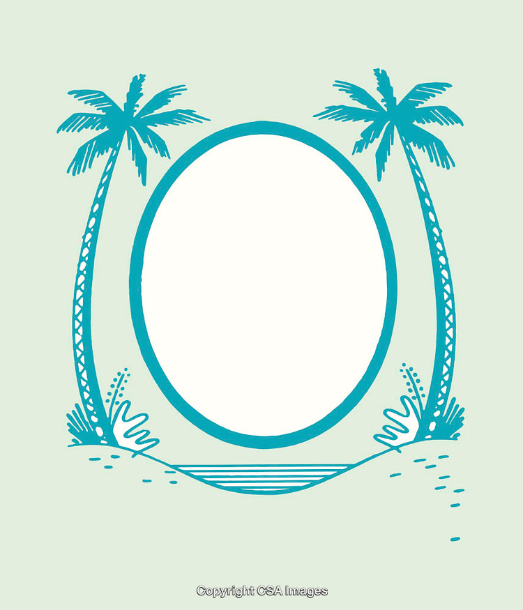 Tropical Frame with Palm Trees and Beach Decorative Elements in Teal