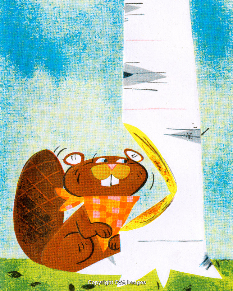 Cartoon Beaver Chewing a Tree Trunk in a Forest Scene