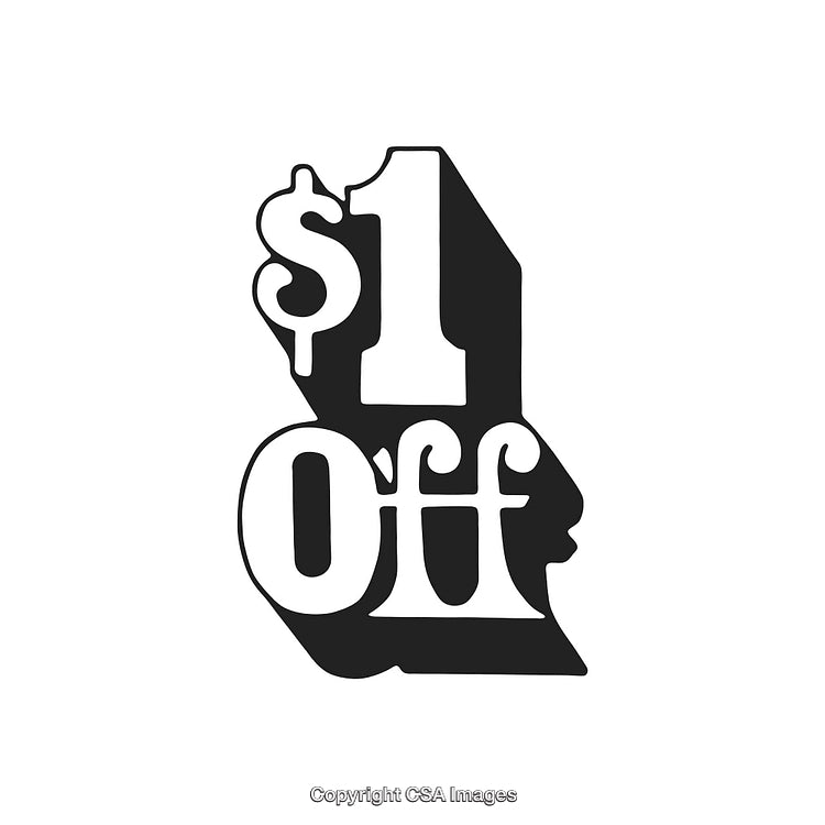 Retro Styled Black and White Discount Sign Offering Dollar Savings