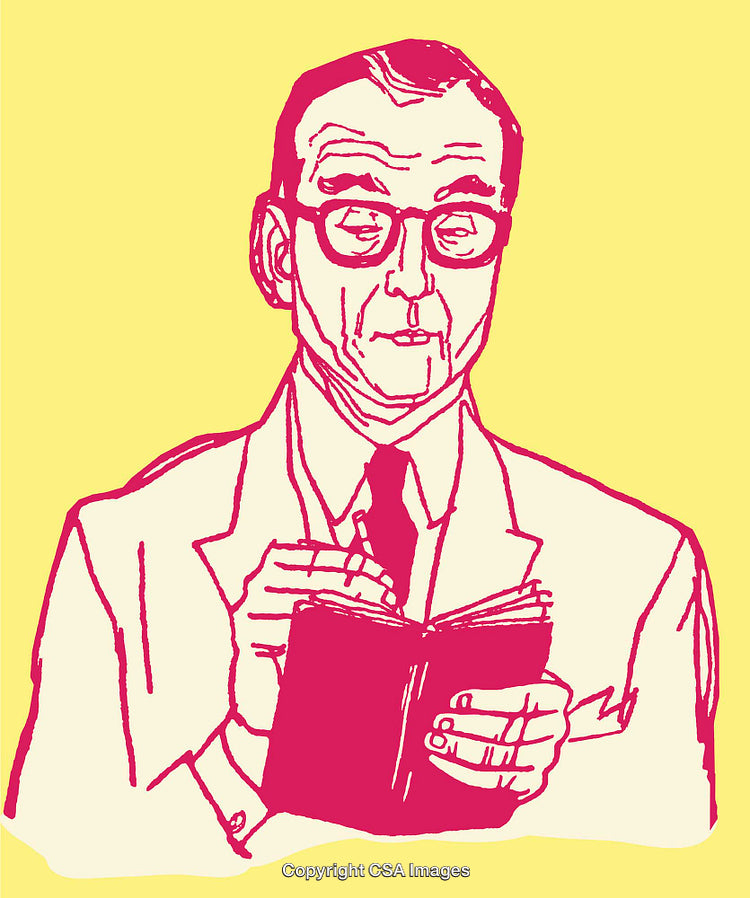Vintage Line Art Illustration of Professional Man Reading a Notebook