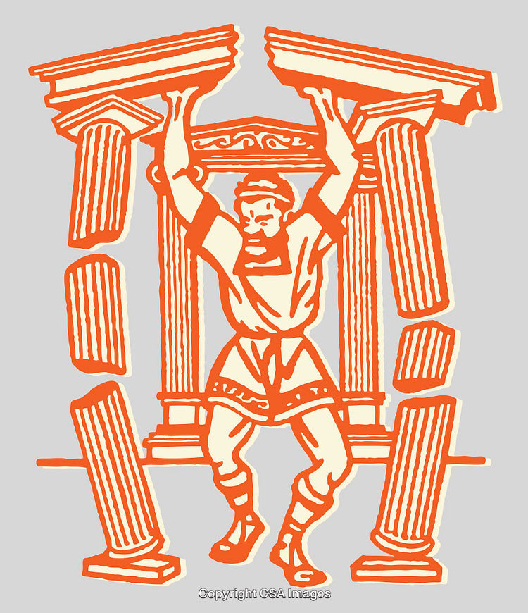 Illustration of a Strong Figure Breaking Columns in Classical Style