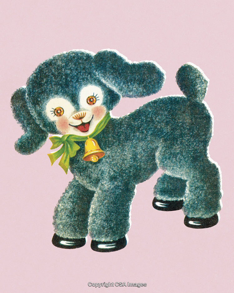 Vintage Illustration of a Blue Lamb with Bell on Pink Background