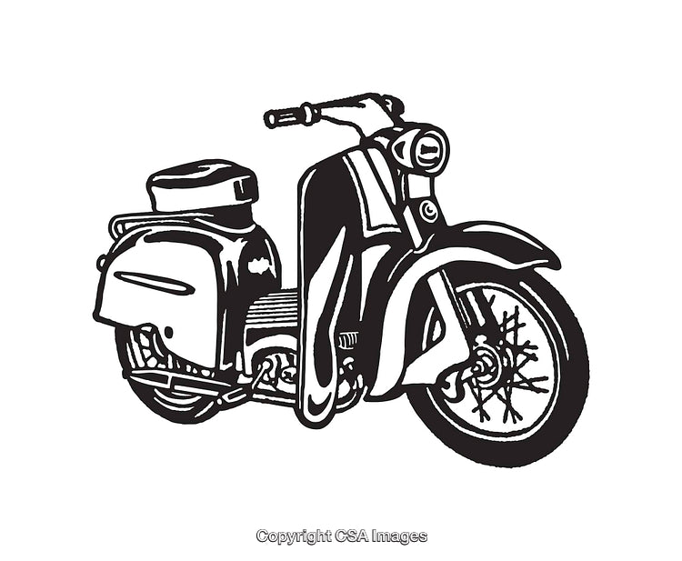 Retro-Inspired Black and White Line Art Illustration of a Classic Scooter