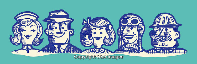 Vintage Line Art Characters Representing Various Professions and Personalities