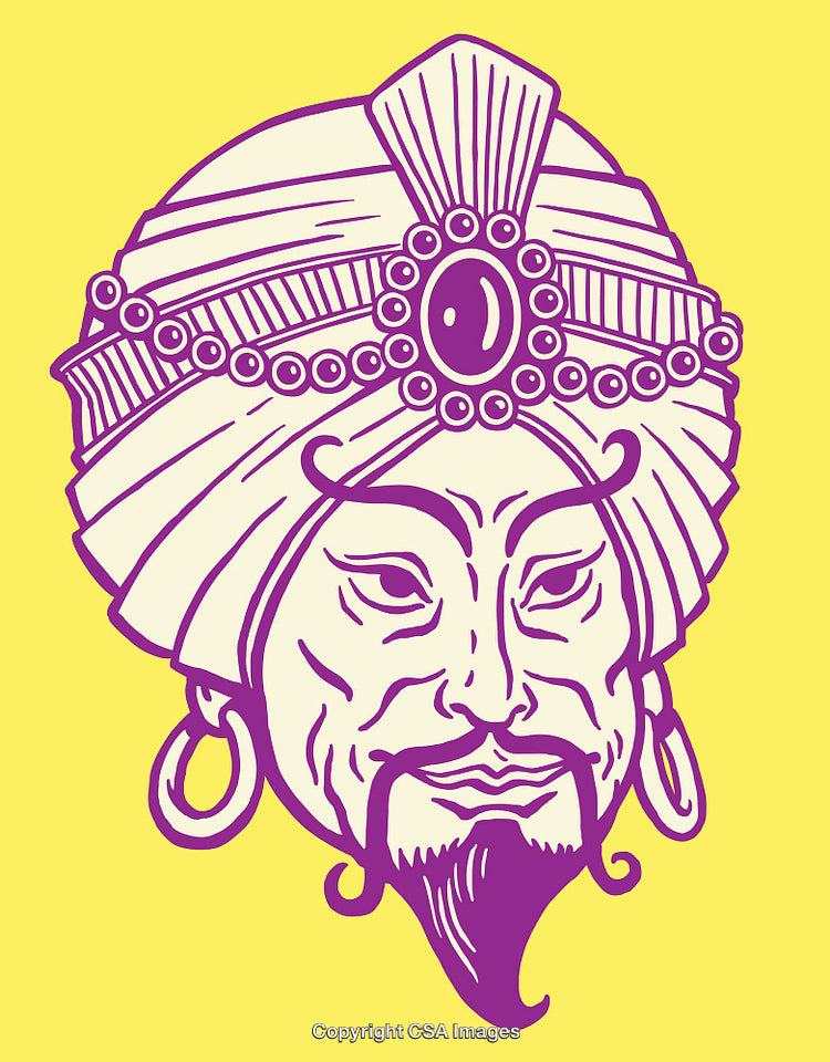 Line Art Illustration of a Mystic Figure in Purple and Yellow Color Scheme