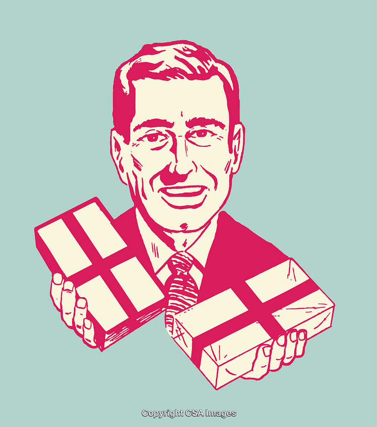 Retro Style Illustration of a Smiling Man Holding Two Gift Boxes