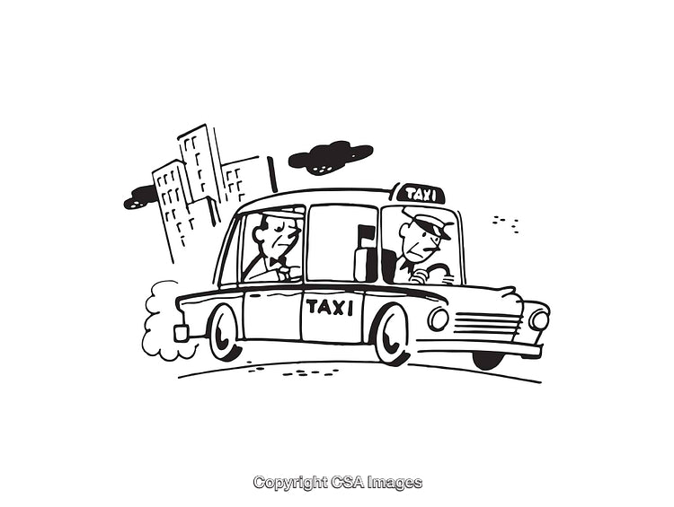 Black and White Line Art Illustration of Taxi Driving in Cityscape