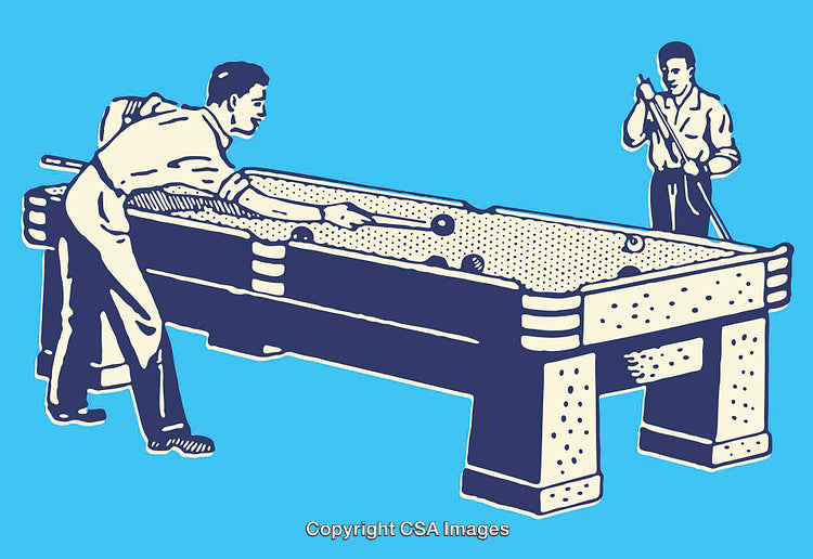 Two People Playing Billiards in Retro Style Line Art Illustration