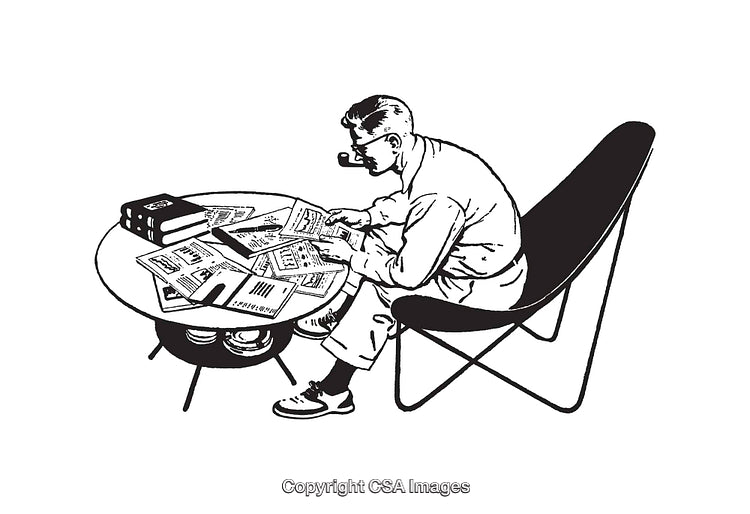 Vintage Illustration of a Man Studying Documents at a Desk