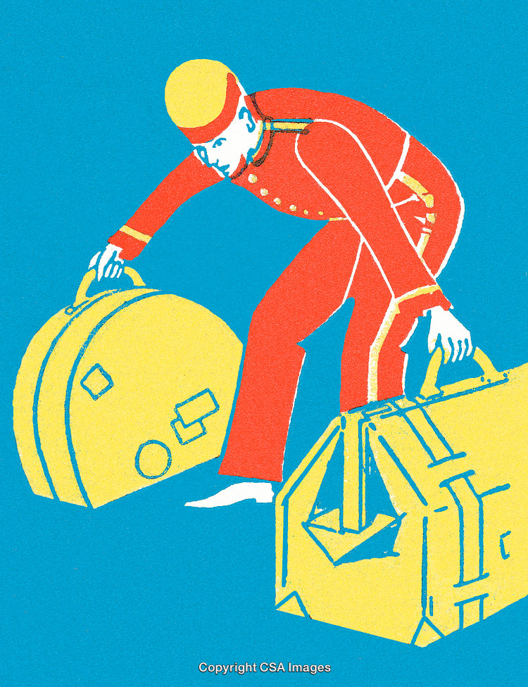 Colorful Illustration of a Bellhop Handling Luggage in Vintage Style