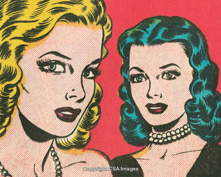 Vintage Comic Style Illustration of Two Women with Vibrant Hair Colors
