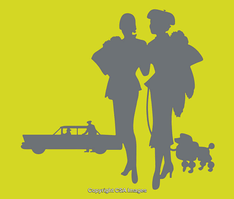 Retro Silhouette of Social Outing Featuring Women, Vintage Car, and Poodle