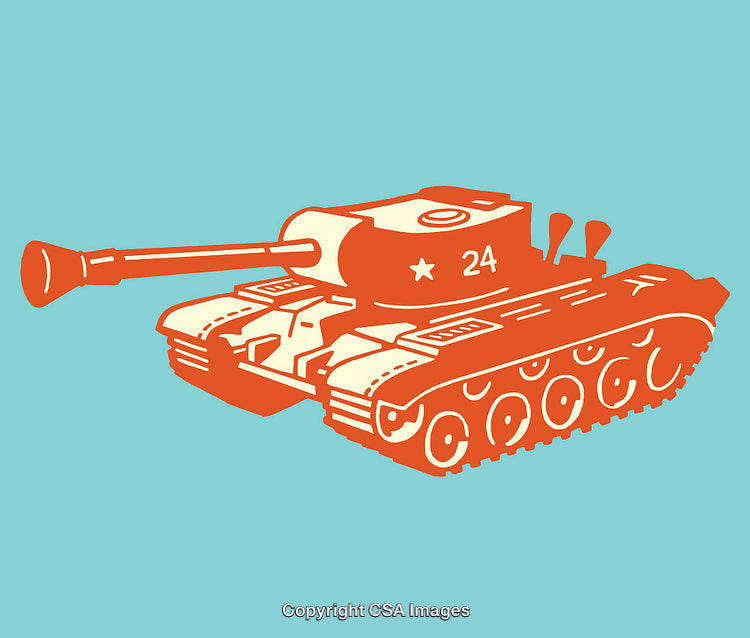Vintage Styled Orange Tank Illustration on Blue Background