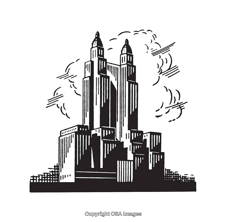 Black and White Line Art of an Iconic Urban Skyscraper Landscape