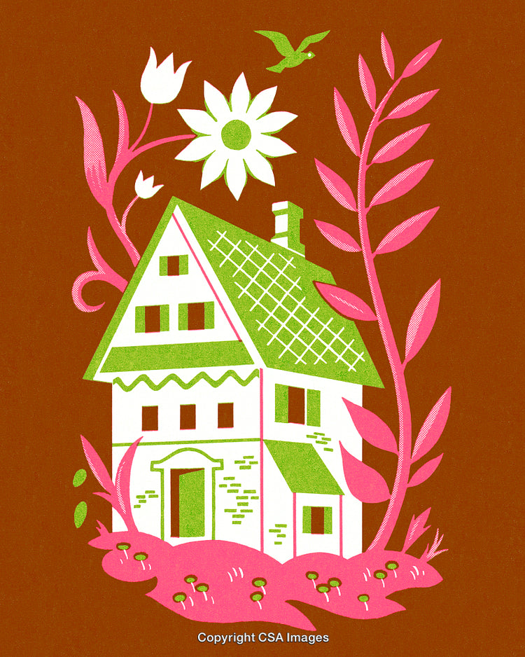 Colorful Illustrated House Among Nature with Flowers and Bright Elements