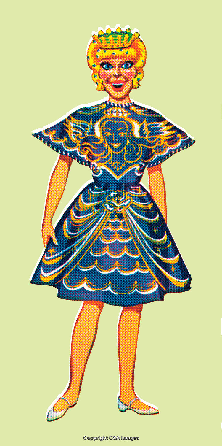 Vintage Illustration of a Fairy Tale Princess Wearing a Crown and Decorative Dress