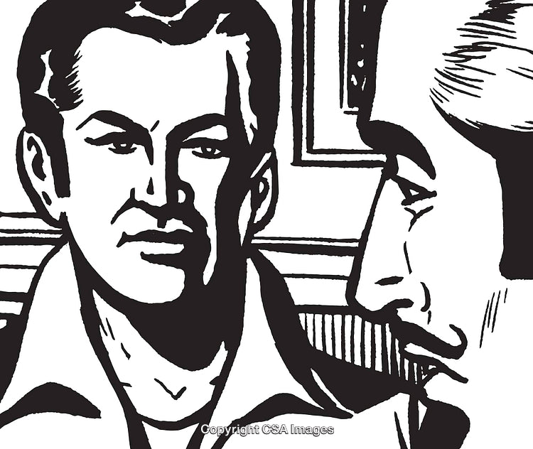 Retro Styled Black and White Illustration of Two Men in Conversation