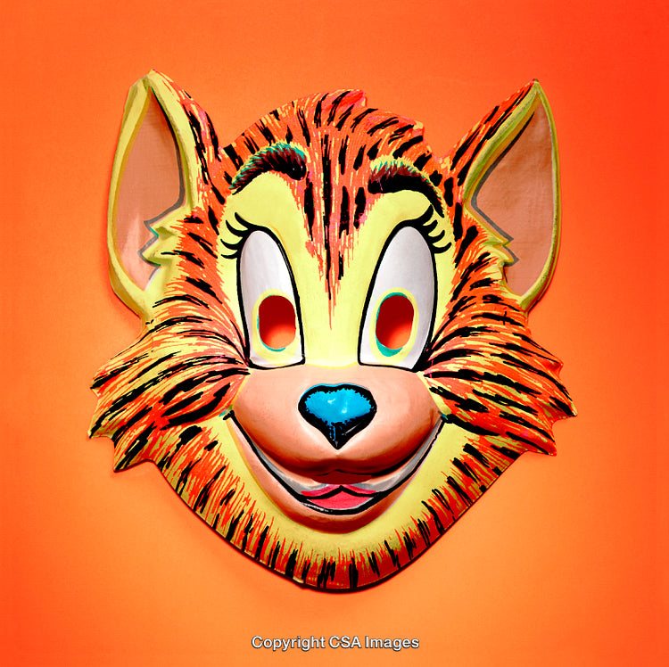 Colorful Cat Face Mask on Vibrant Orange Background