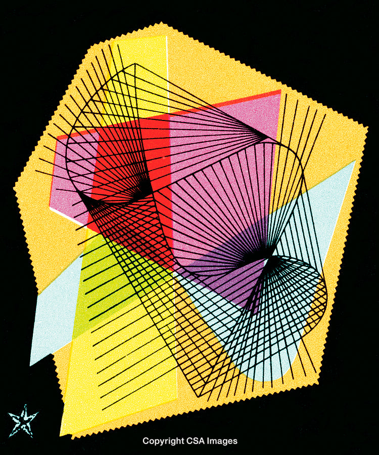 Abstract Geometric Art with Colorful Shapes and Line Patterns on Black Background