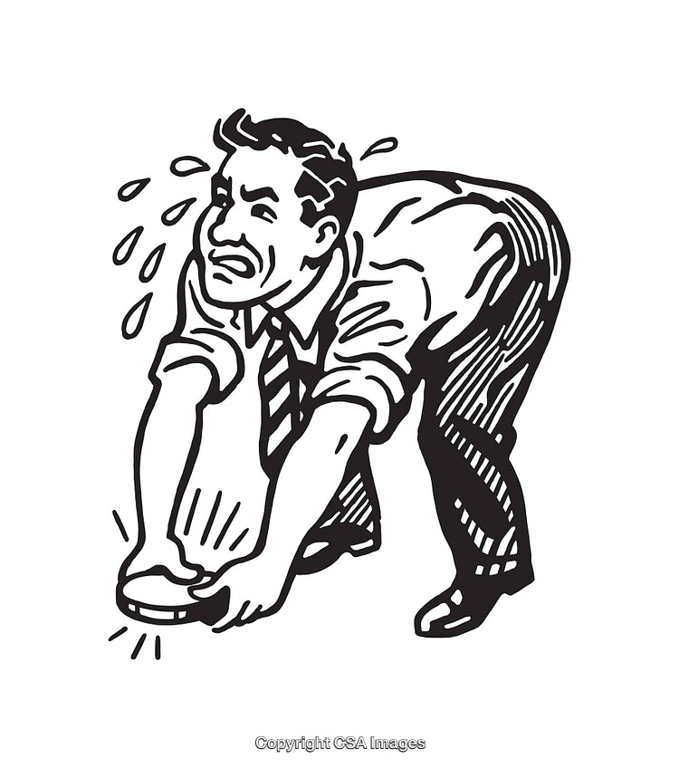 Black and White Line Art Depiction of a Sweating Office Worker Struggling