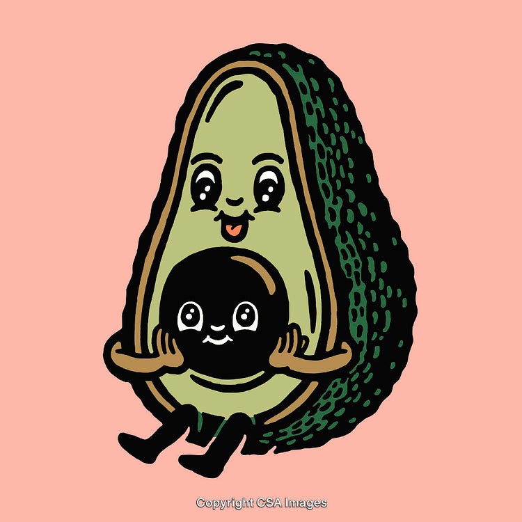 Cartoon Avocado Character Holding a Smiling Seed Illustration