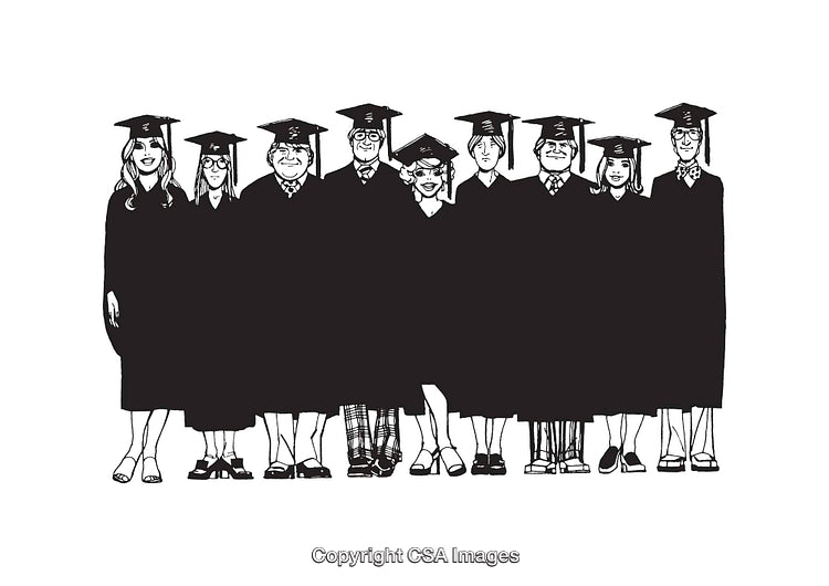 Illustrated Group Portrait of Graduates in Caps and Gowns