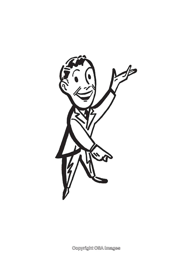 Black And White Illustration of a Happy Cartoon Character Gesturing