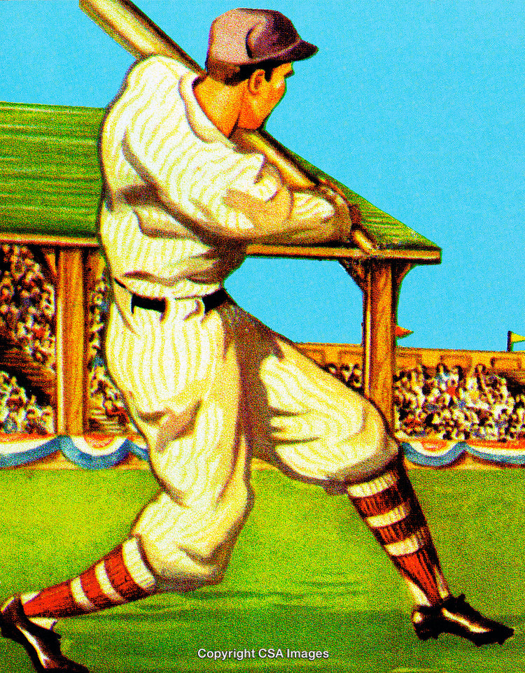 Vintage Illustration Depicting a Baseball Player Swinging a Bat During a Game