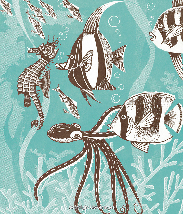 Illustrated Underwater Scene Featuring Sea Animals and Aquatic Wildlife